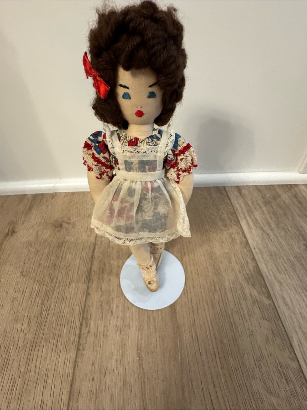 Vintage Handmade Cloth Doll 9.5” Yarn Hair Lace Apron Folk Art Style 10” stand